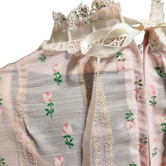 Vintage Handmade Nightgown Dress S Pink Floral Stripe Half Zip Lace Trim - Picture 5 of 15